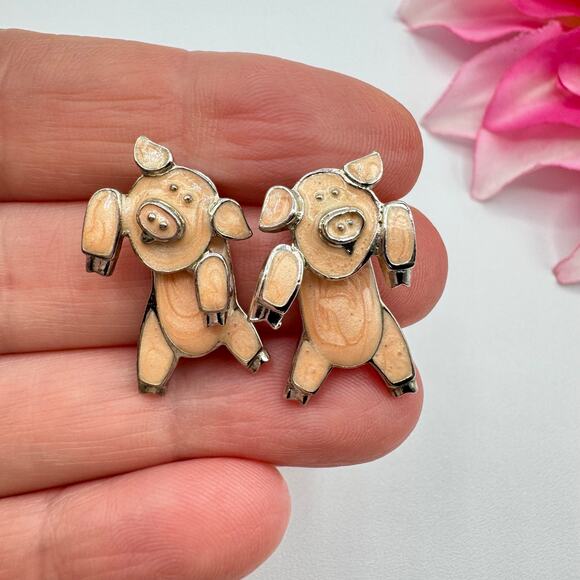 Vintage Edgar Berebi Pink Pig Front To Back Illusion Jacket Earrings Cute Funny - Picture 5 of 11